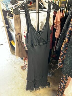 Nicole Miller Black Beaded V-Neck Evening Dress